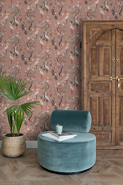 ESTAhome papier peint oiseaux de grue vieux rose 50 x 900 cm