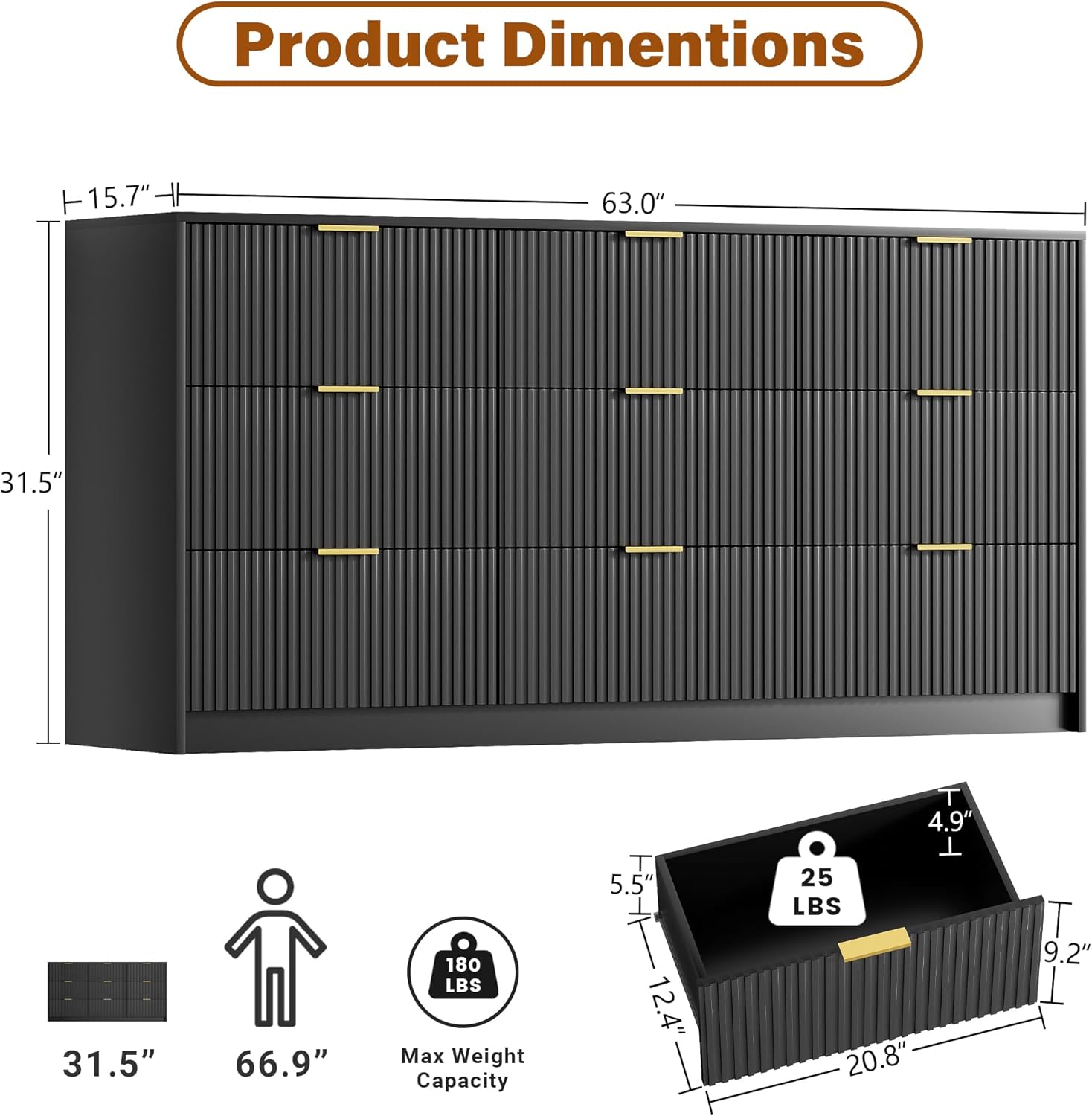Black Dresser for Bedroom, Modern Dresser with 9 Drawers and Smooth Slides, Wide Chest of Drawers with Golden Handles for Bedroom, Living Room, Closet, 15.7 D x 63 W x 31.5 H