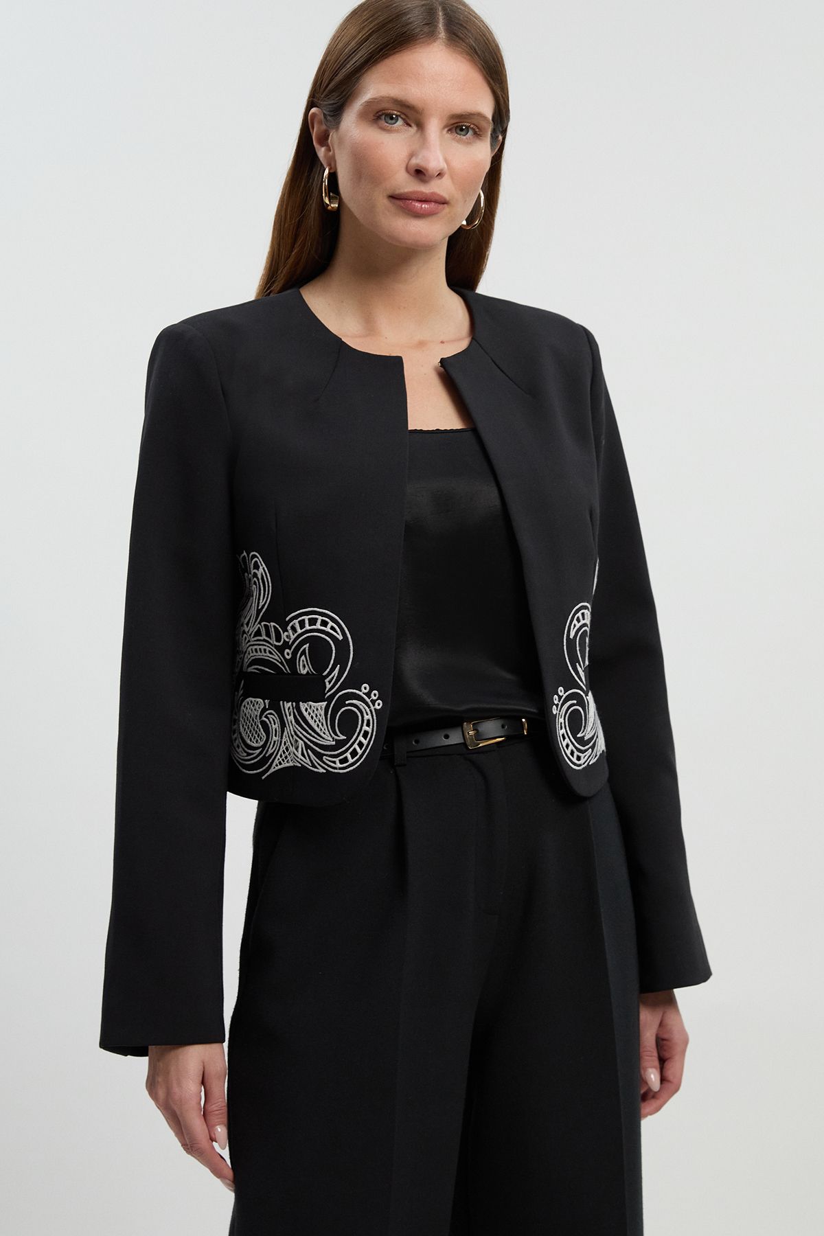 KarenMillen Tailored Cutwork Detail Collarless Jacket
