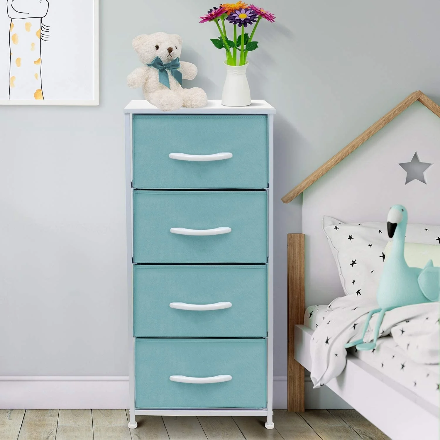 4 Drawer Bedside Nightstand Chest Tower Bedroom Dresser, Pastel Colors