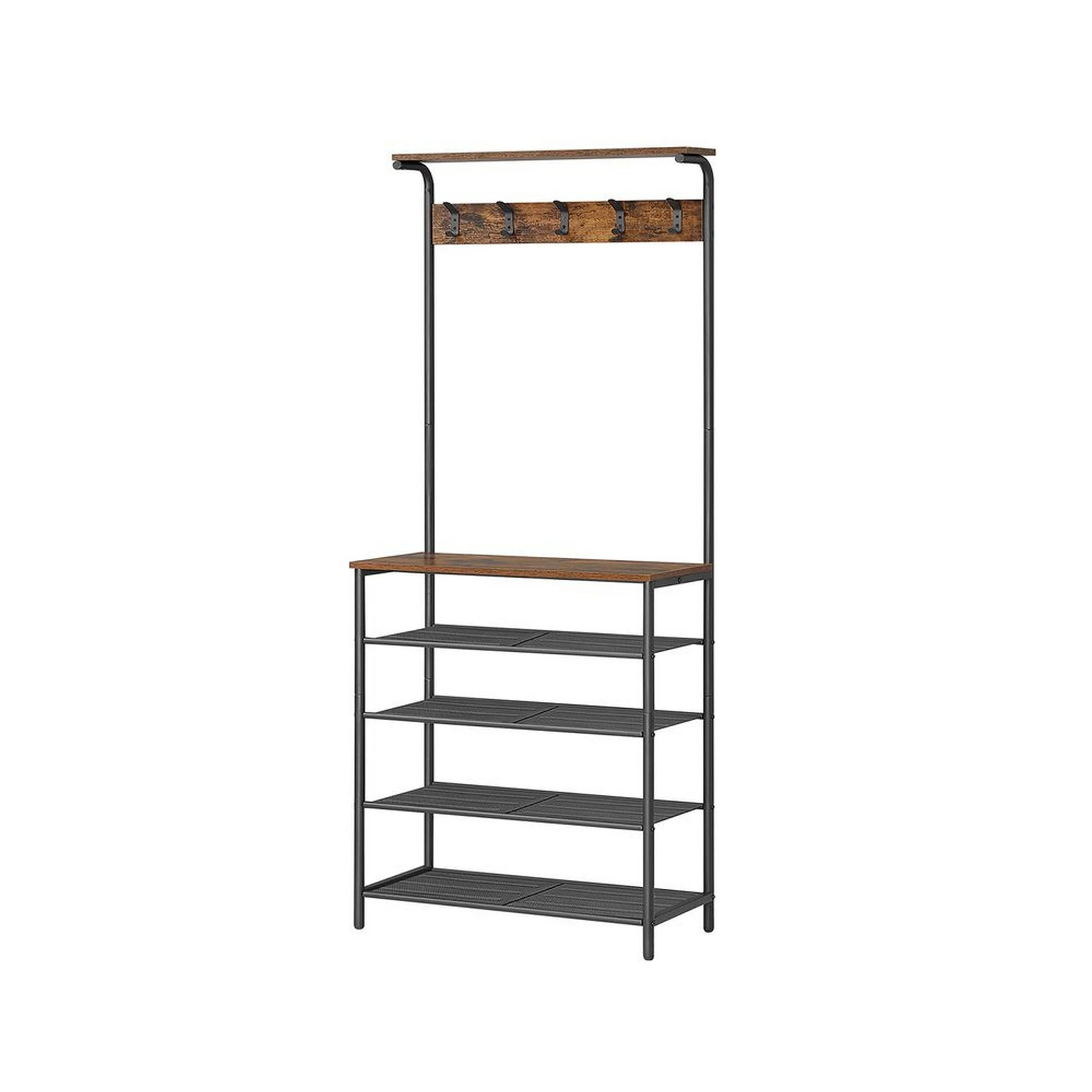 72 Inch Clothing Rack with Shoe Stand, 5 Tier Shelves, Hooks, Black Iron