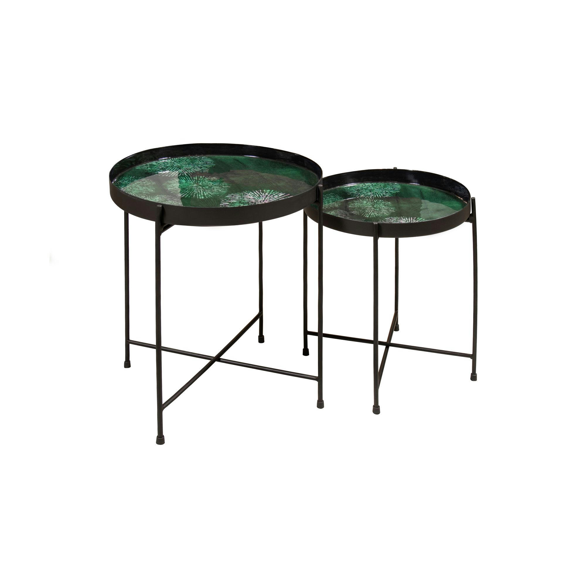 GELA - Set de 2 tables d'appoint avec plateau émaillé vert