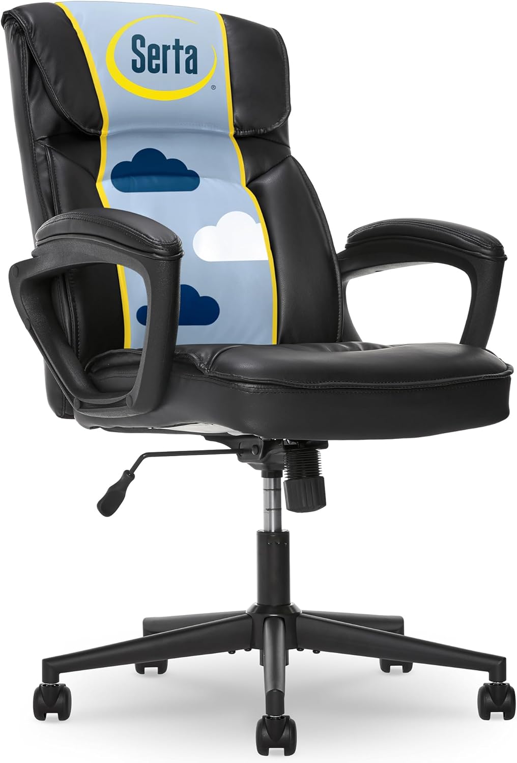 Serta Hannah Executive Home Office Desk Chair, Ergonomic Mid-Back with Lumbar Support, Firm Seat Cushion, Layered Body Pillows, Padded Armrests, Swivel Base, Easy Assembly, Bonded Leather, Black