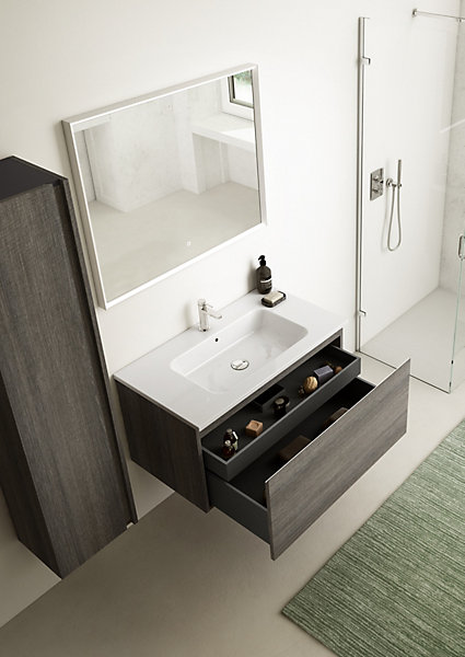 Meuble vasque suspendu effet chêne Metz l.90 cm   plan vasque blanc céramique, Pura