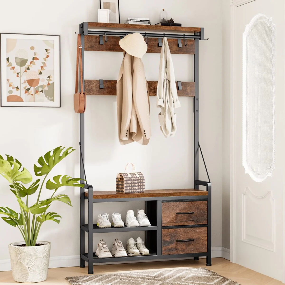 Hall Tree 31 Entryway Bench with Coat Rack freestanding, 5 in 1 Intelligent Design Shoe Bench and Wall Rack 17 Hooks Drawers
