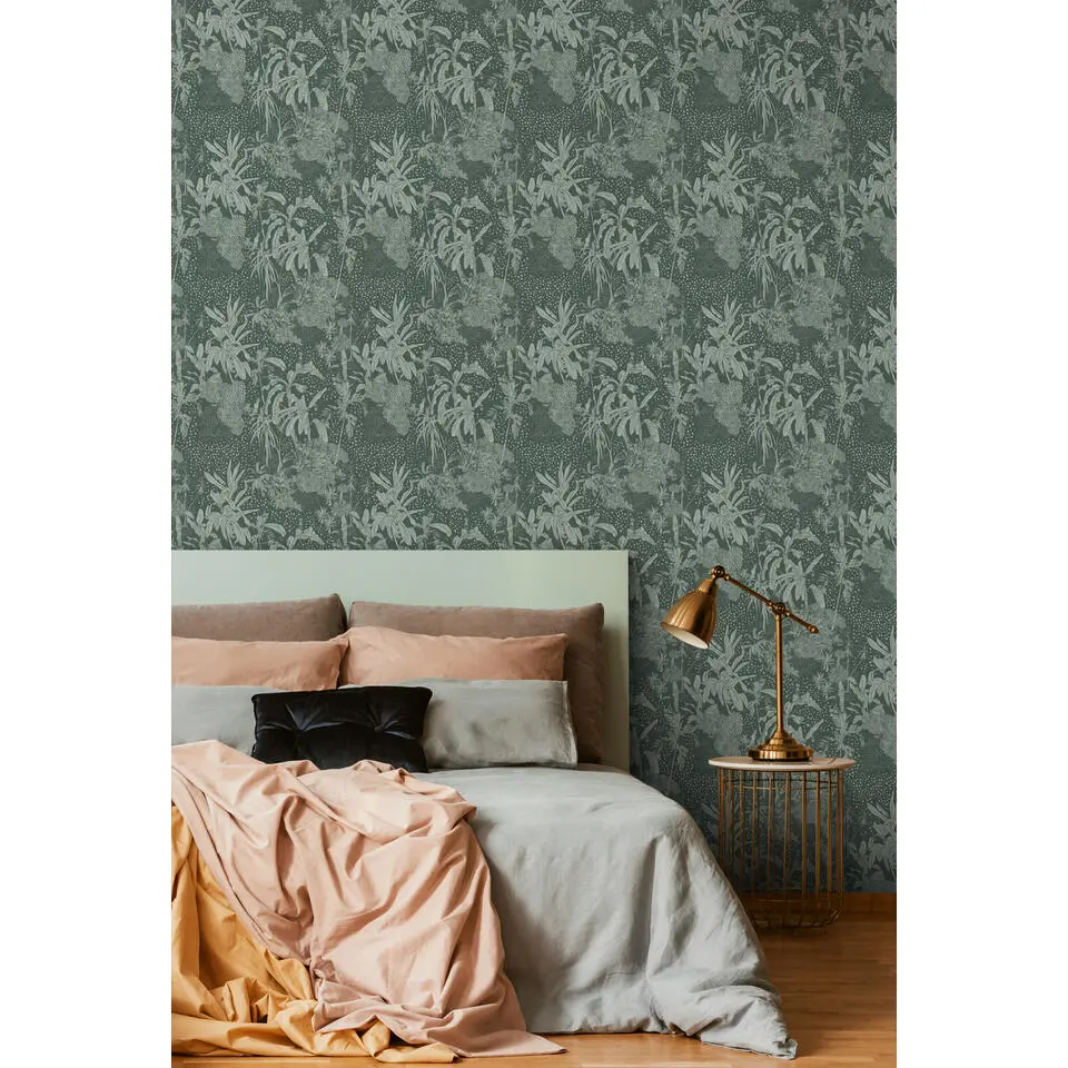 ESTAhome behang tropische bladeren vergrijsd groen - 50 x 900 cm