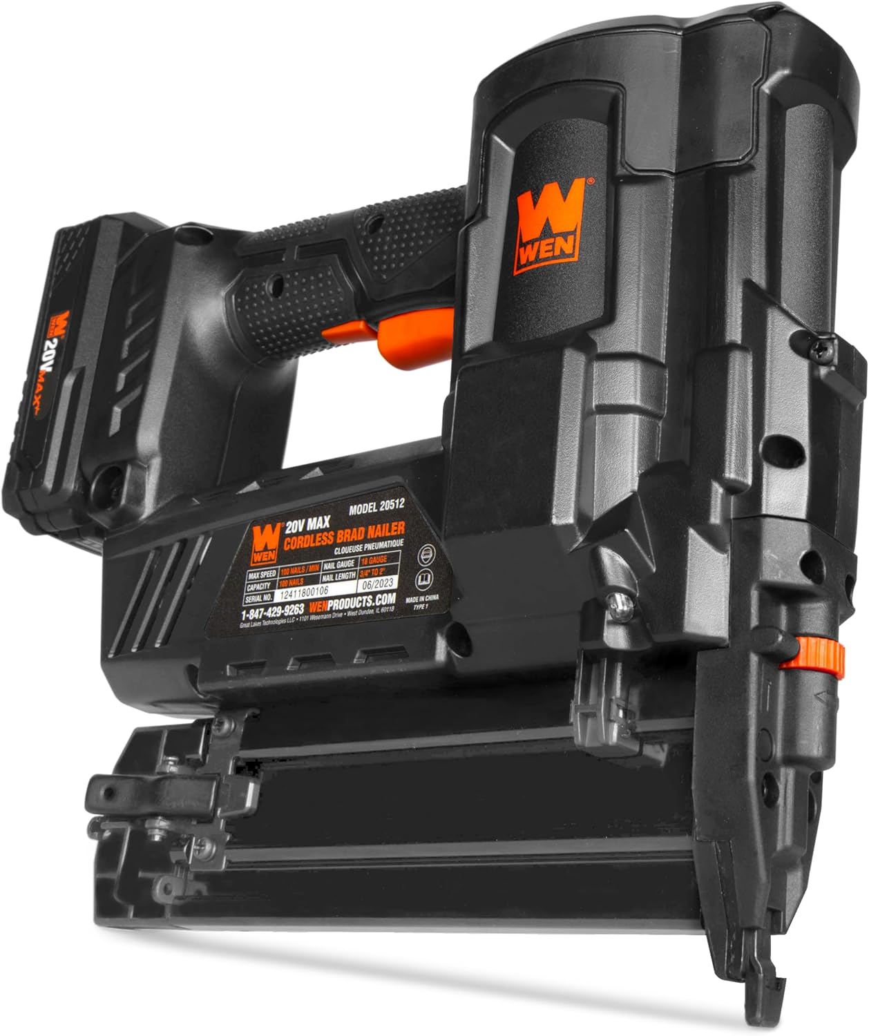 WEN 20V Max Cordless 18-Gauge Brad Nailer with 2.0Ah Battery and Charger (20512)