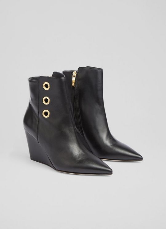 Brie Black Leather Wedge Ankle Boots