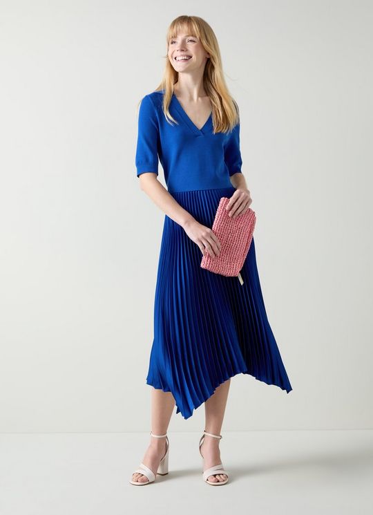 Lorna Mazarine Blue Knit & Woven Pleated Dress