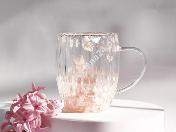 Szklanka termiczna ryflowana z podwójną ścianką 0,3 L Ecarla - Hortensja Bloom Peach 20.SZK157