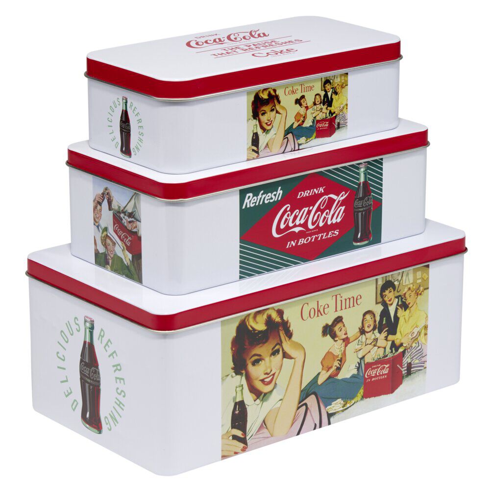 Lot de 3 boÎtes alimentaires Coca Cola rectangulaires en métal rouge et blanc