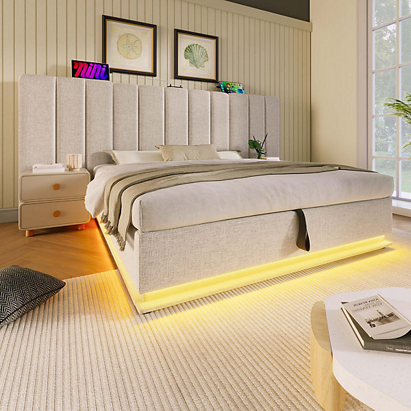 Lit double rembourré avec LED et USB type-C,lit coffre hydraulique,cadre de lit 160x200 avec sommier à lattes,lin,Beige