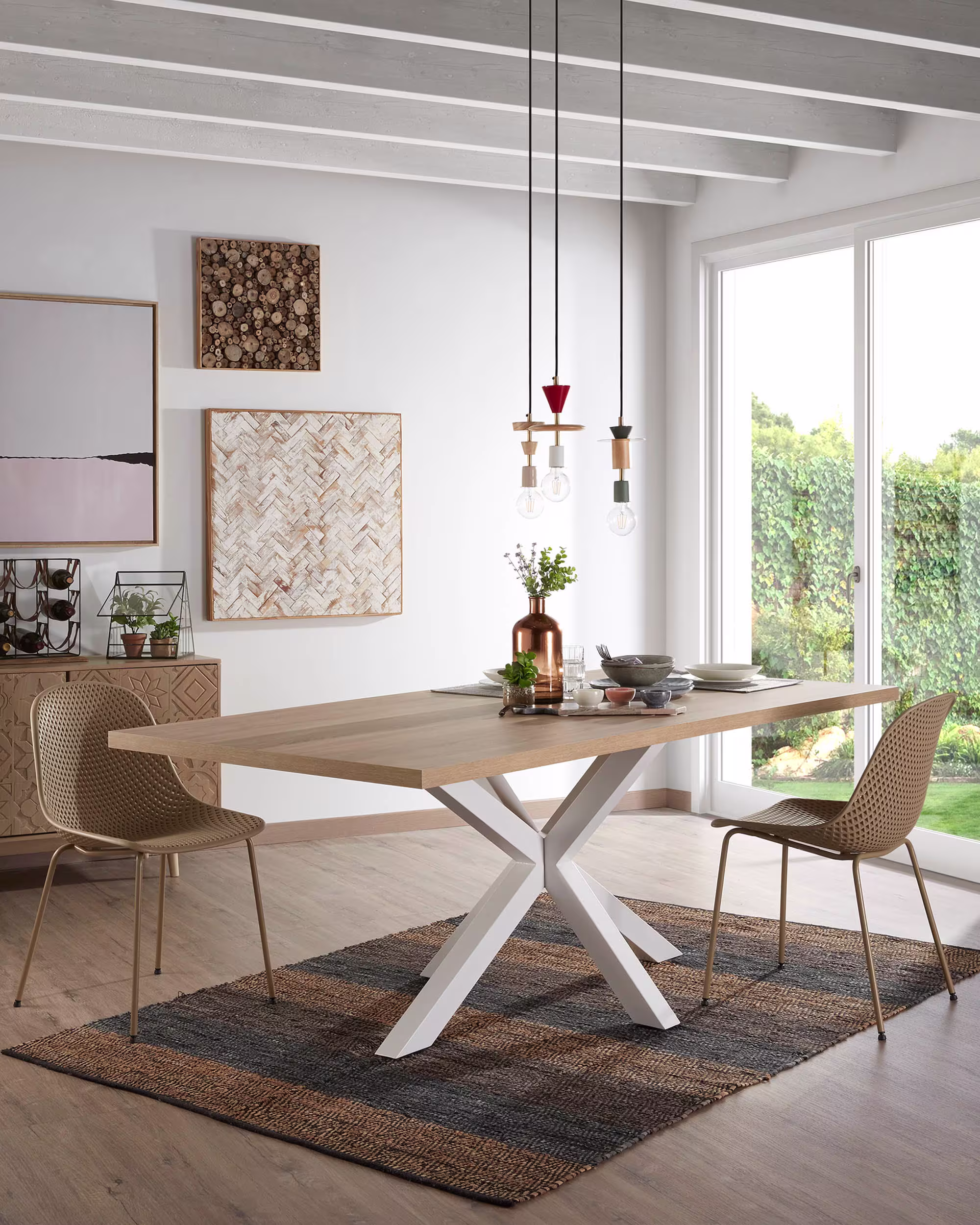 Mesa Argo 200 x 100 cm melamina acabado natural patas de acero acabado blanco