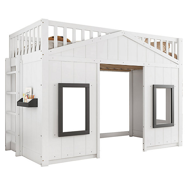 Lit superposé 90x200cm,blanc pin MDF,escalier/barrière/fenêtre/lit inférieur libre