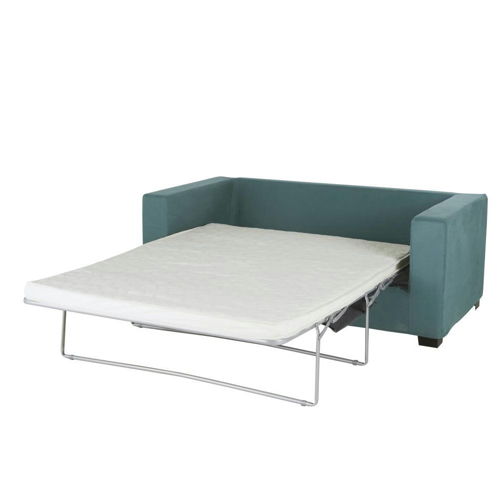 Milano - Canapé convertible 2/3 places en coton et lin bleu canard, matelas 6 cm