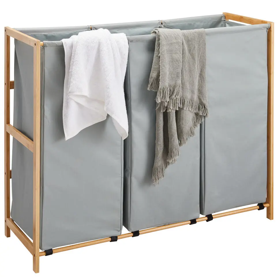 Grote Wassorteerder met 3 Vakken - XL Wasmand - Stof / Bamboe - Grijsgroen