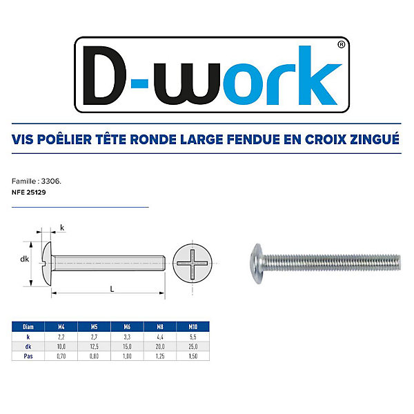 100 Vis Boulons Poêlier Tête Ronde Large Fendue en Croix 8 x 30 mm - NFE 25129 - Zingué blanc - D-Work