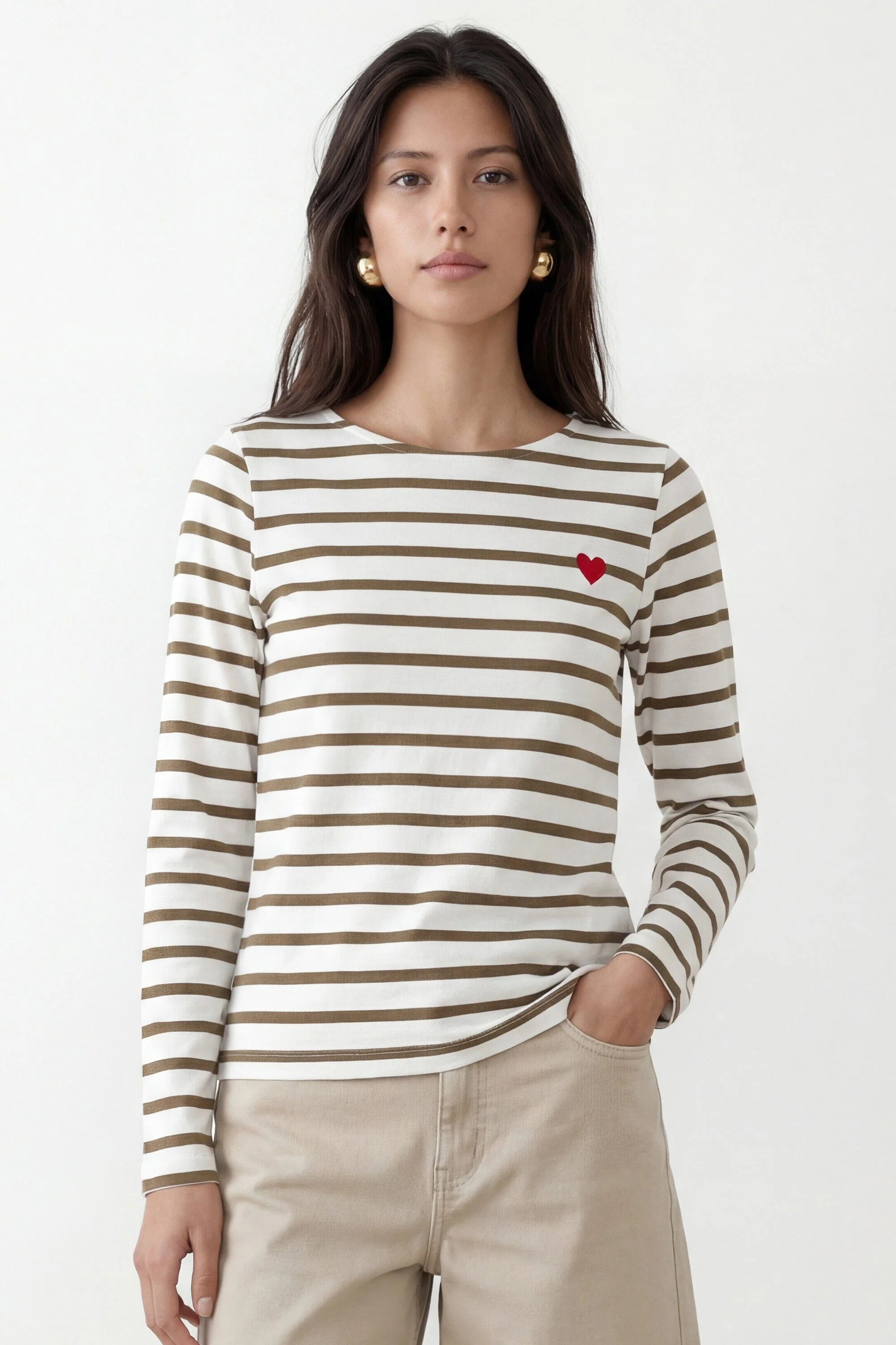 TEE SHIRT - COEUR MARINIERE -  ECRU/CANNELLE
