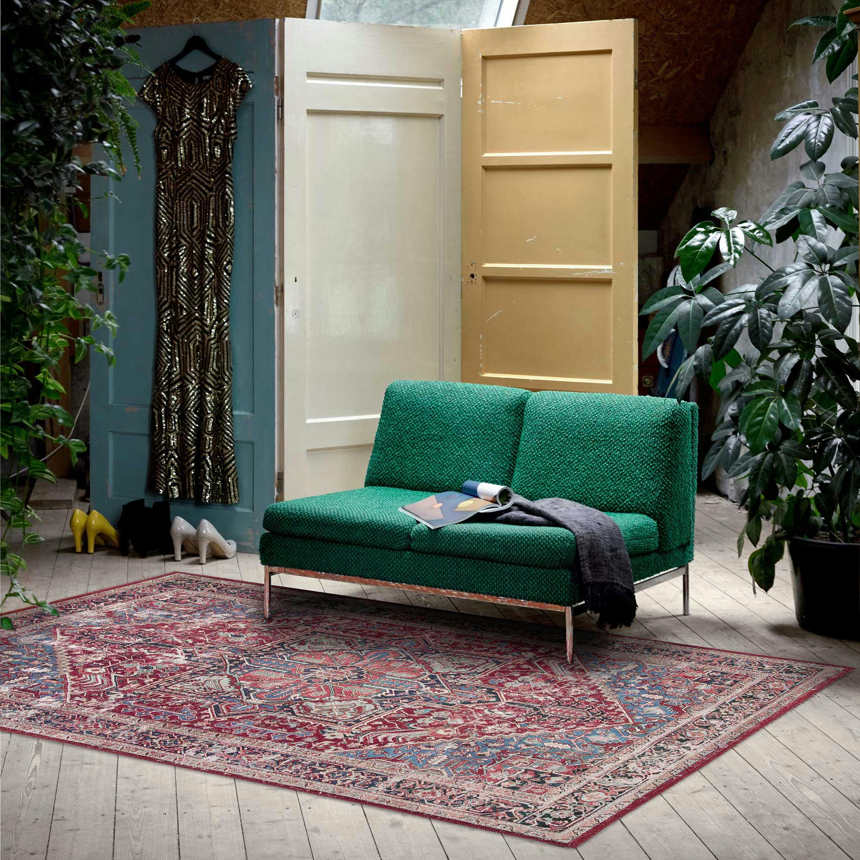 COMO - Tapis velours ras look vintage oriental multicolore rouge 240x290