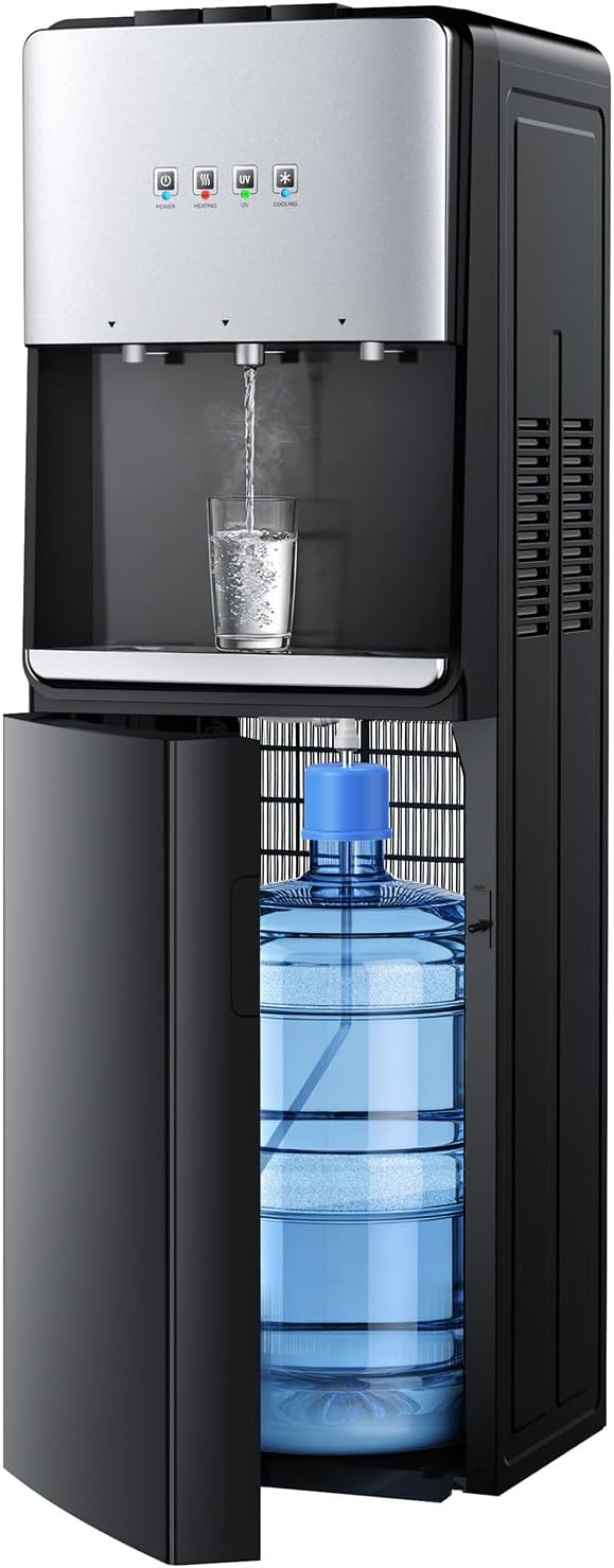 Euhomy Self-Cleaning Bottom-Loading Water Dispenser, Compatible with 5 Gallon Bottles - 3 Temperature Settings with Hot, Room & Cold Water Outlets, Childproof Lock, Night Light & LED Display，Black