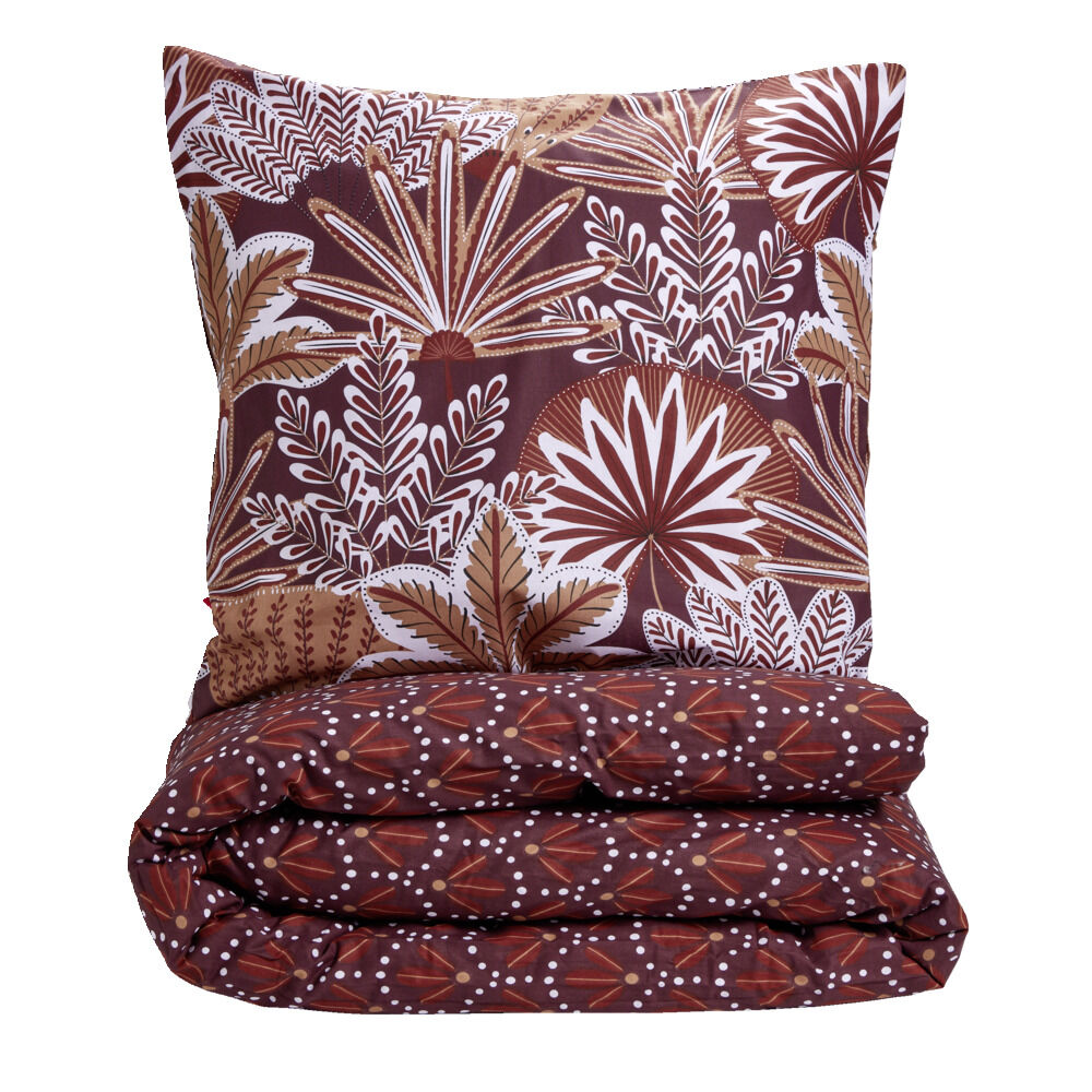 Parure de lit 1 personne 140x200cm coton motif feuillage rouge