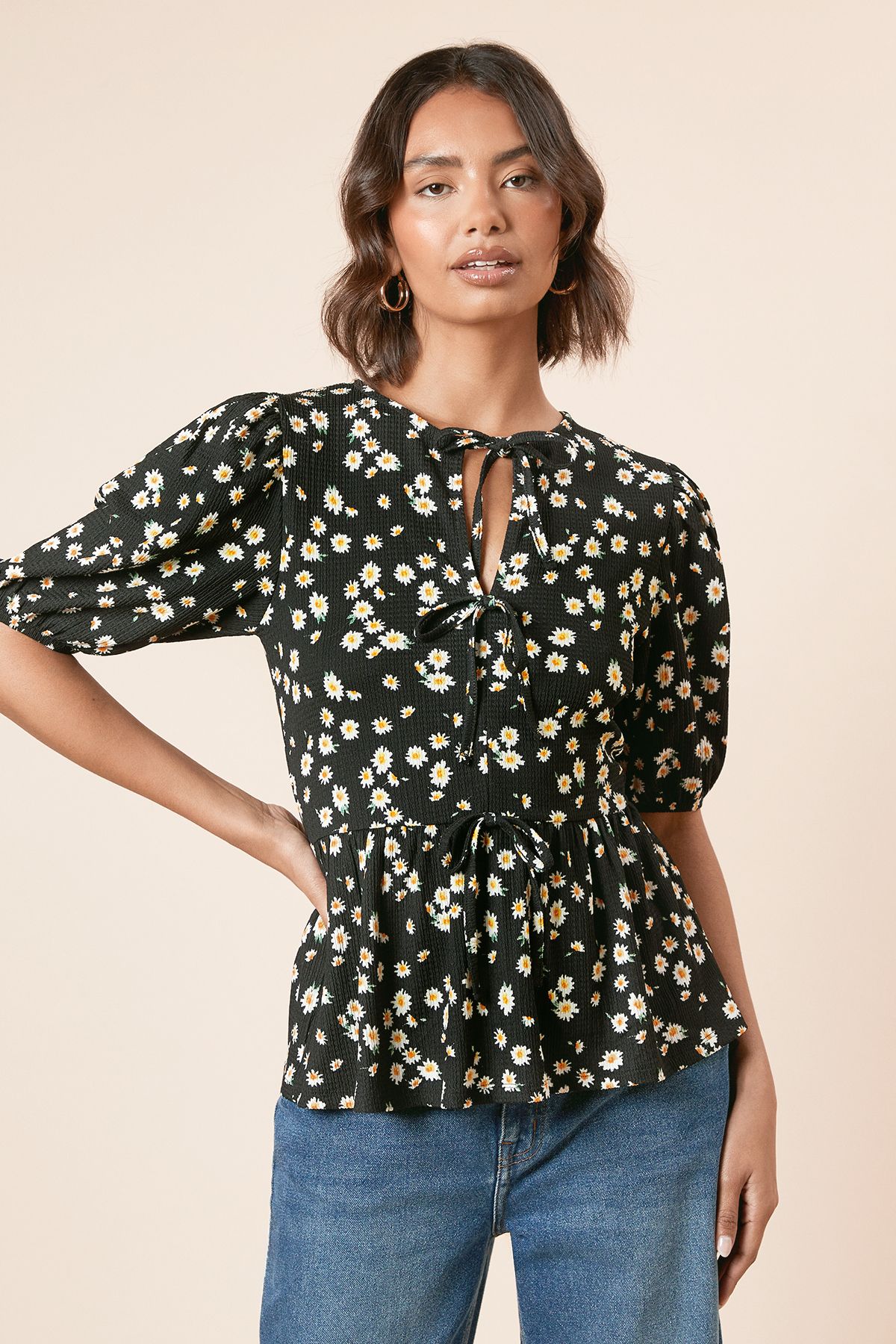 Dorothy Perkins Floral Bow Tie Front Puff Sleeve Jersey Top