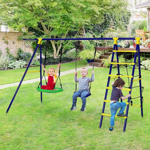 NNECW 5-in-1 Outdoor Backyard Kids Swing Set with A-Shaped Metal Frame