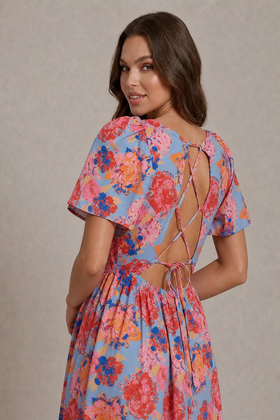 Chi Chi London Square Neck Floral Midi Dress in Blue