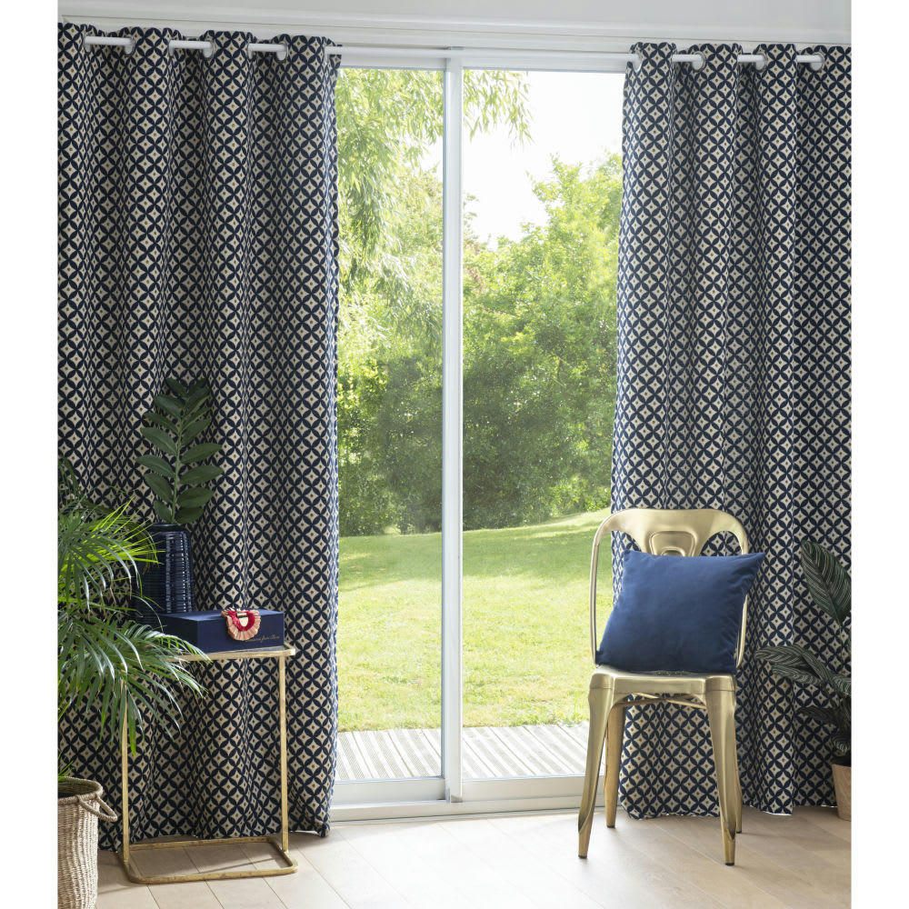 - Rideau bleu motifs graphiques à l