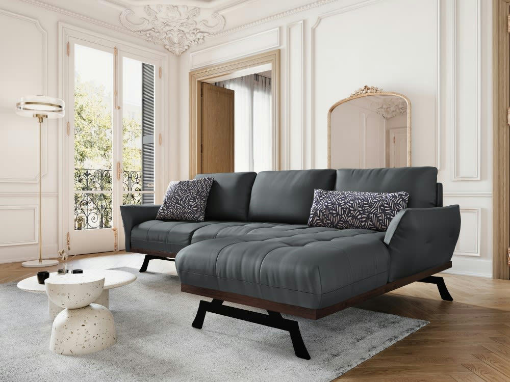 OLIVIER - Canapé d'angle 4 places en cuir bleu gris