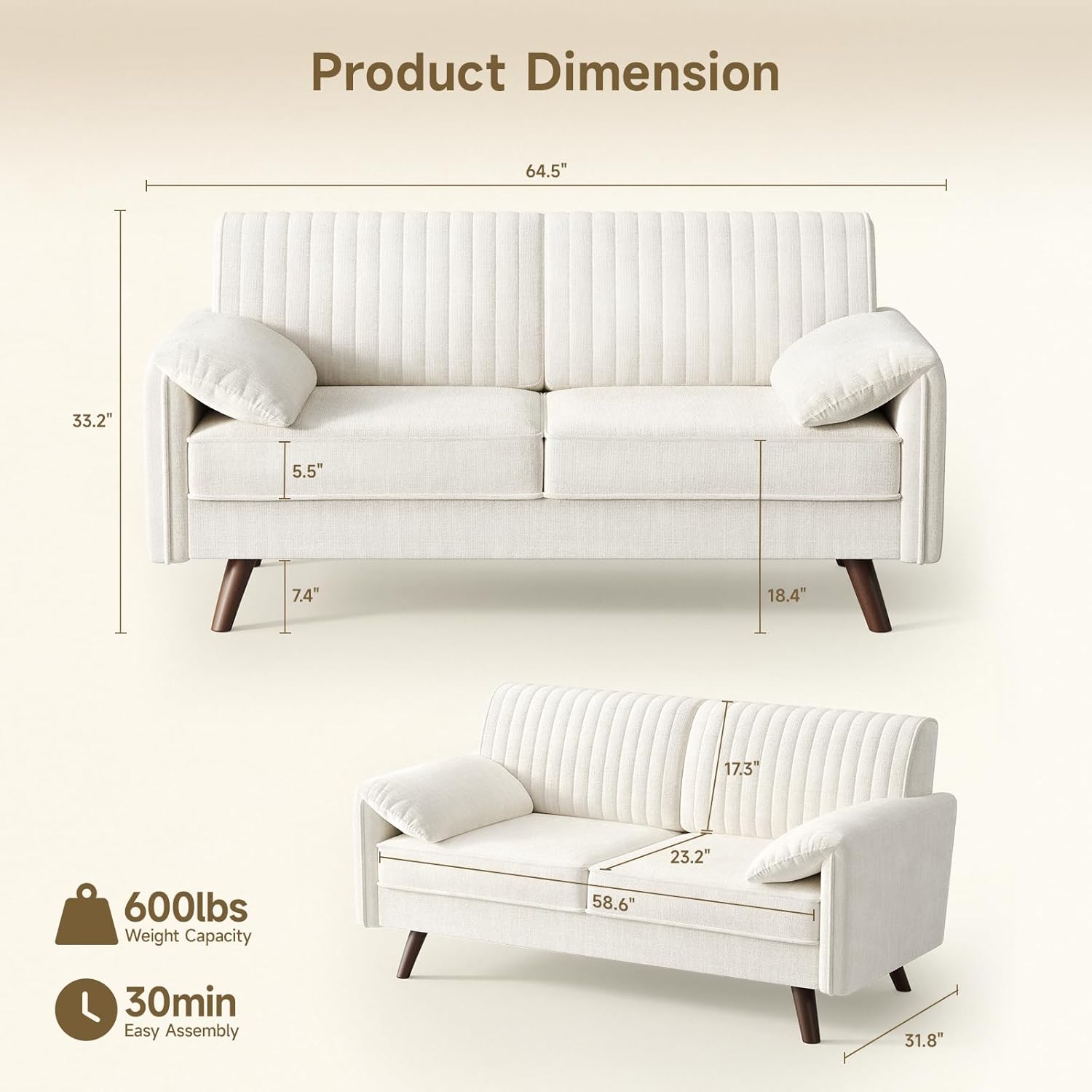 ONBRILL 64.5 Loveseat Sofa, Chenille Loveseat Couch for Living Room, 23.2 Deep Seat Love Seat with Padded Arms, Comfy Modern Small Couches for Bedroom, Small Spaces, Dorms, Office, Beige