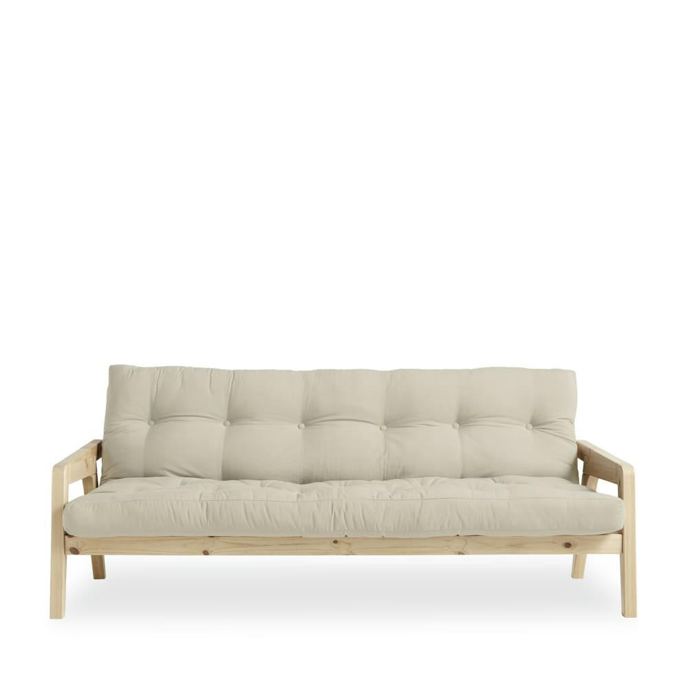 GRAB - Canapé convertible en bois naturel et tissu beige 2 places