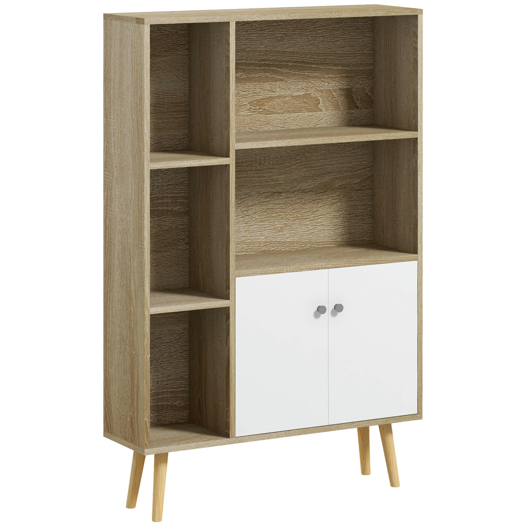- Bibliothèque scandinave 5 niches 2 portes pieds bois panneaux naturels