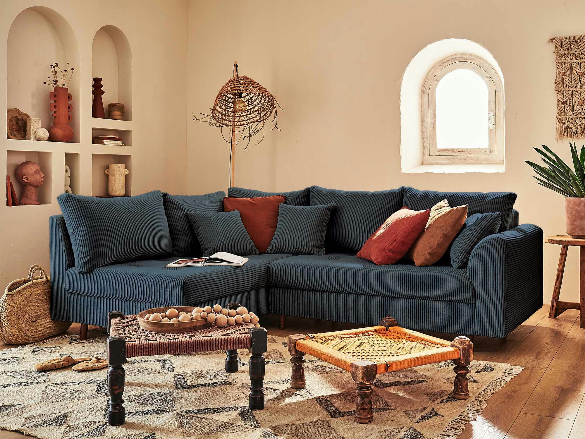 RUNE - Canapé d'angle gauche 4 places en velours côtelé bleu nuit