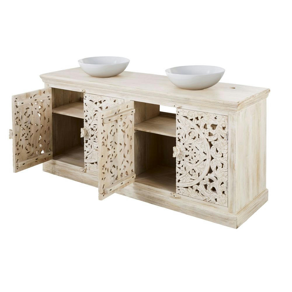 Kerala - Meuble double vasque en manguier massif blanc effet vieilli