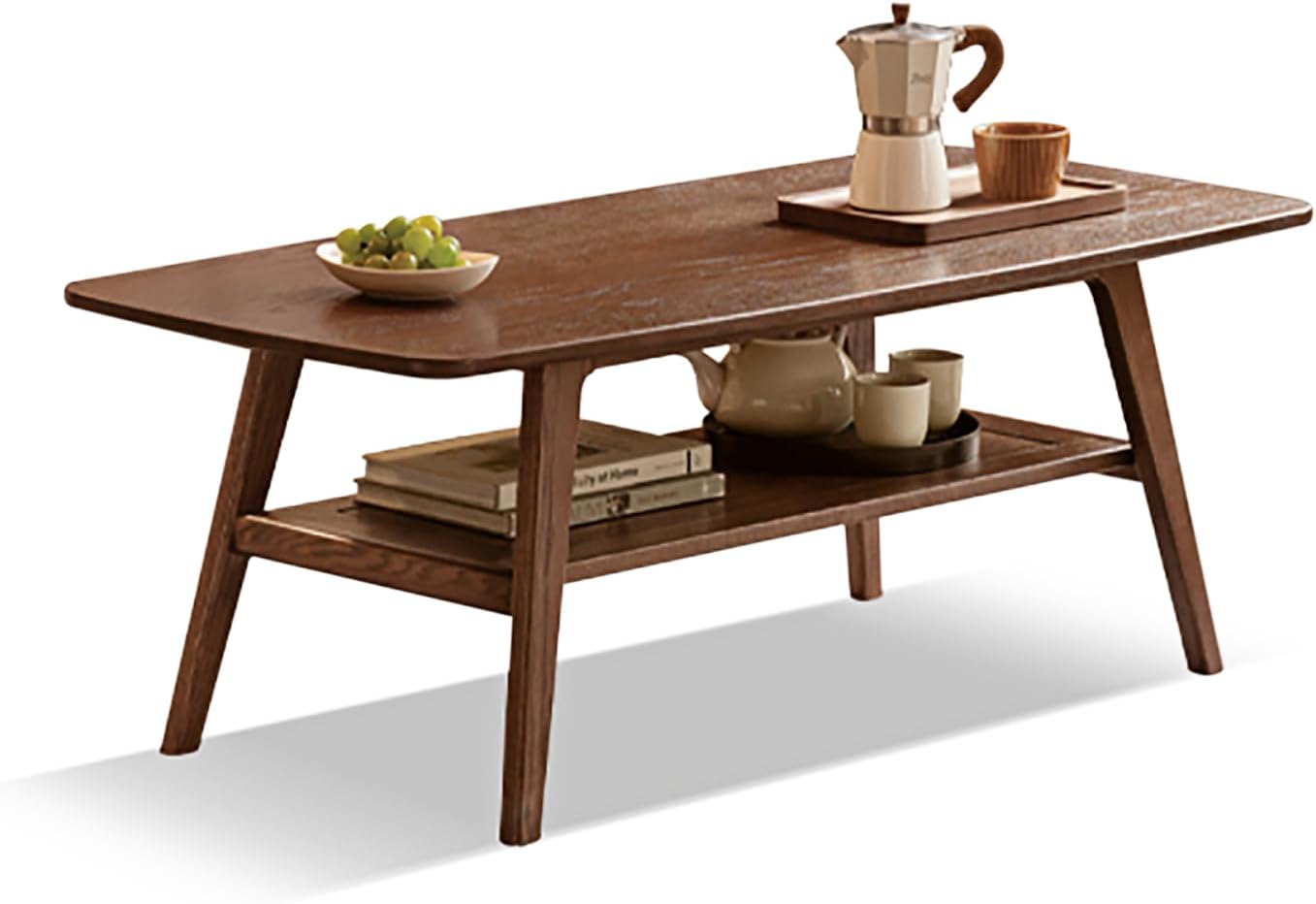 100% Solid Wood Coffee Table with Storage Shelf, 2-Tier Wooden Center Table for Living Room, Farmhouse Rustic Rectangle Table, Easy Assembly,31.49 Inch