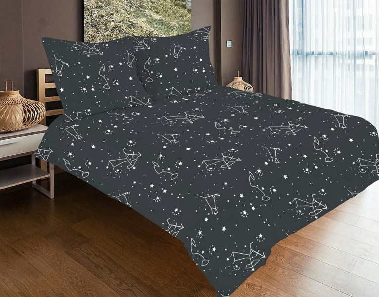 Pościel satynowa 140x200 czarna biała gwiazdozbiór zodiak