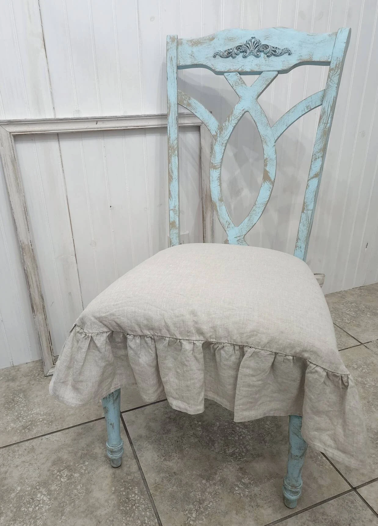 Chair Seat Cover 3 Sided Ruffle Natural Beige 100% Linen
