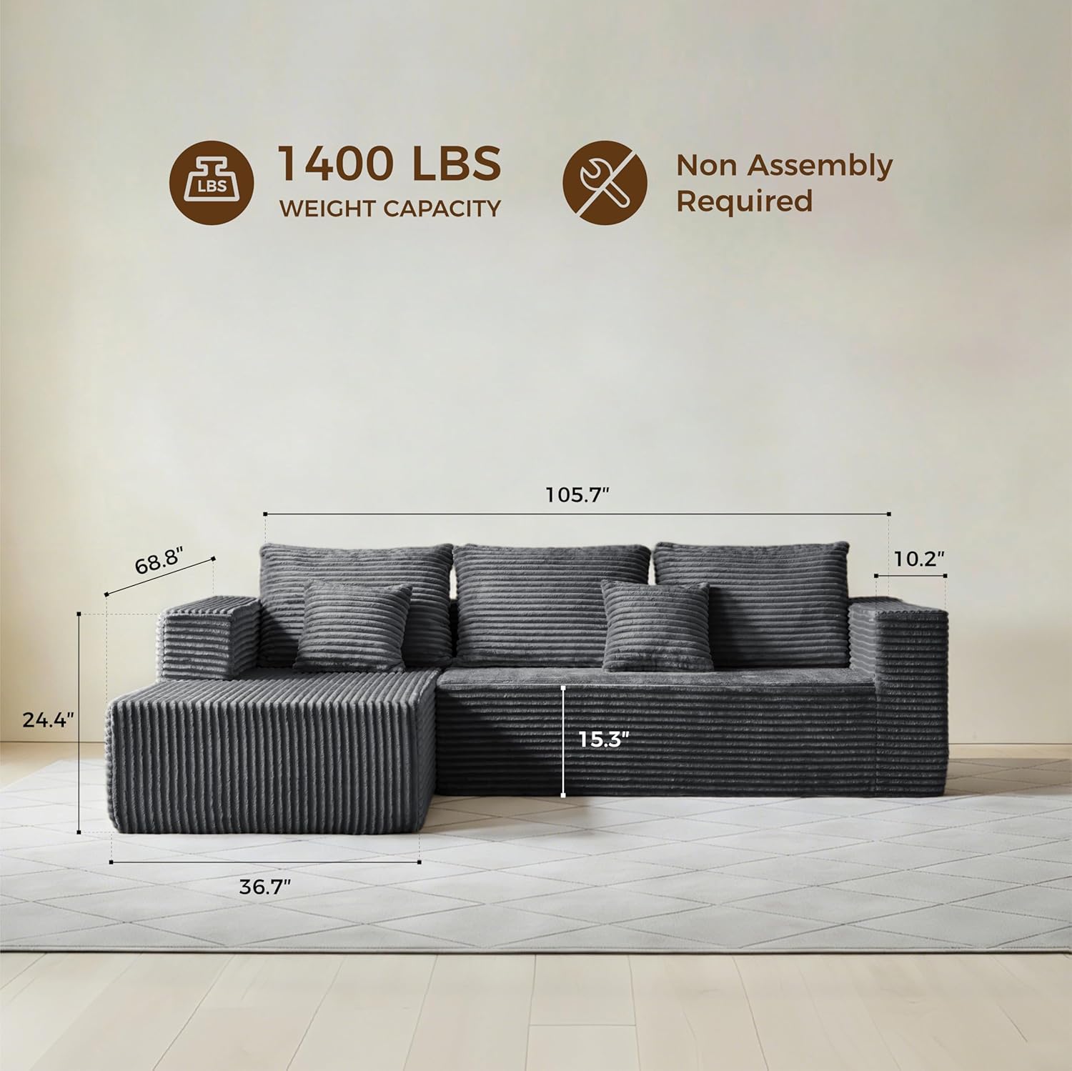 106 Corduroy Boneless Modular Sectional Sofa, Cloud-Louch Deep Seat Sofa with Left Chaise for Living Room & Bedroom（L-Shaped Left Hand Facing ）