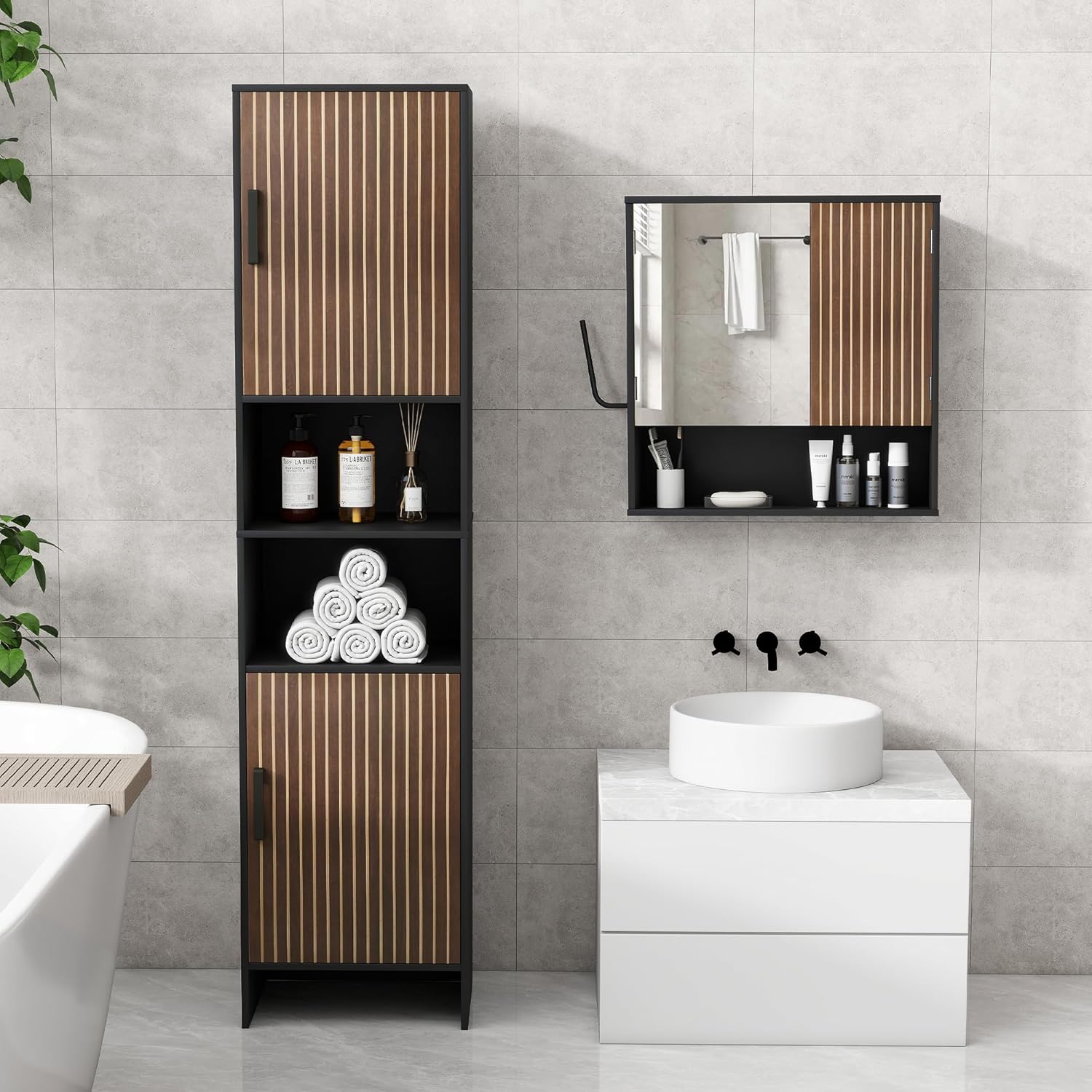 Tall Storage Cabinet, 13.15 Inch Narrow Bathroom Cabinet with USB Magnetic Light, Open Shelf, Magnetic Doors, 2 Adjustable Shelves, Anti-Tip Kit for Small Spaces, Living Room, Black, 57.1 H
