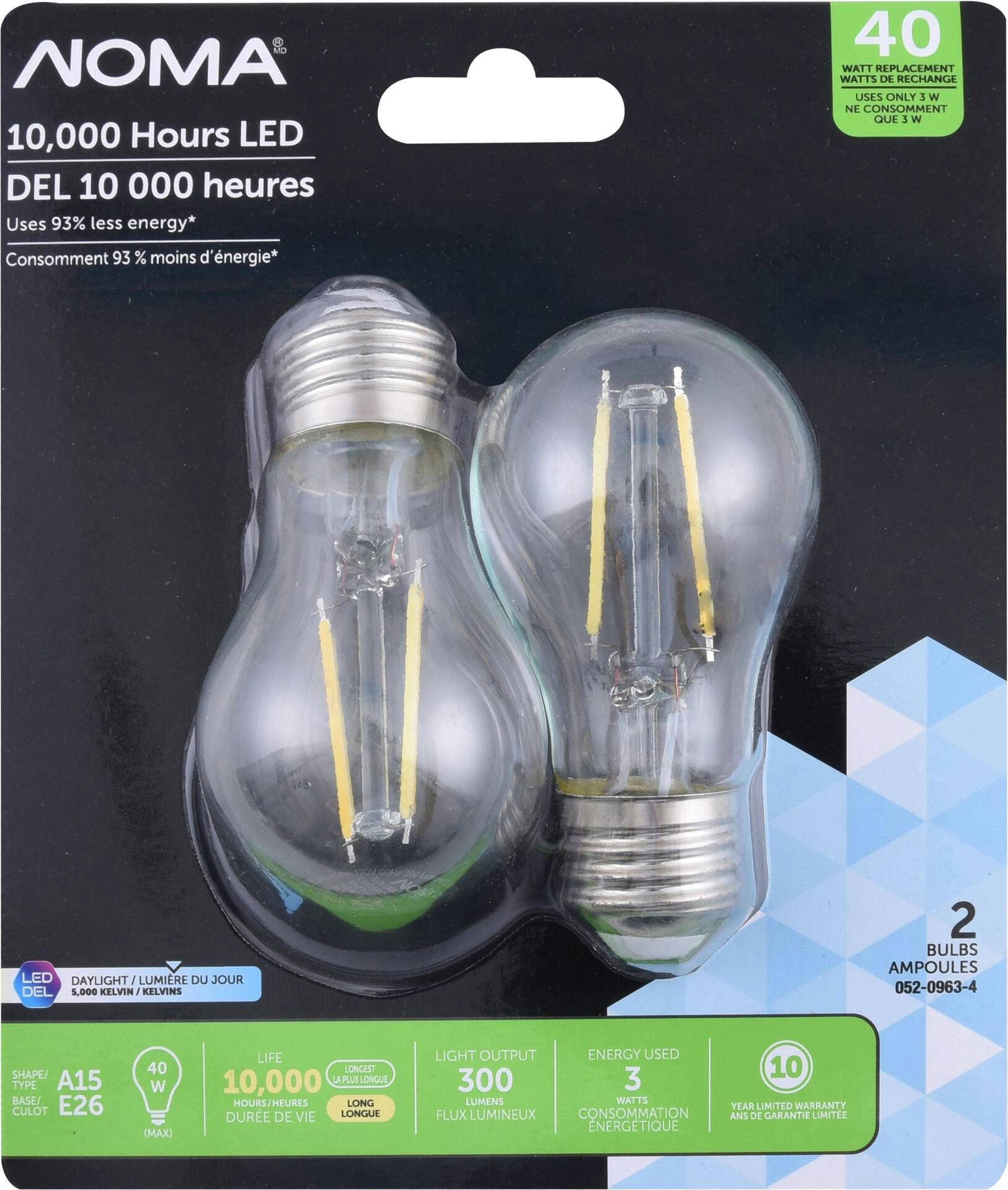 NOMA Advanced A15 E26 Base Dimmable LED Filament Light Bulbs, 300 Lumens, Daylight, 40W, 2-pk