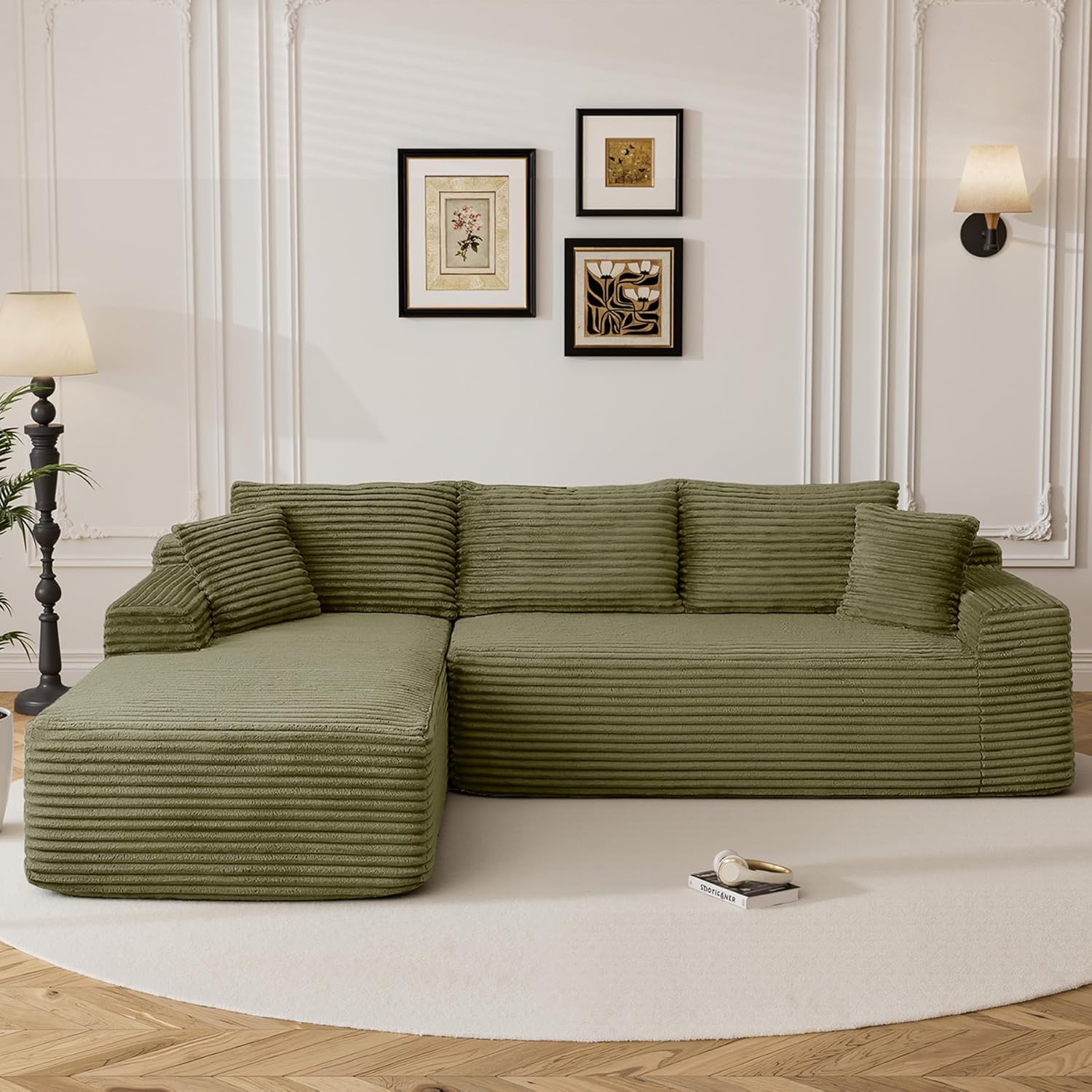 95 Boneless Cloud Sectional Couches for Living Room, Comfy Fluffy L Shaped Memory Foam Deep Seat Boneless Couch, Modular Sectional Sofa with Left Facing Chaise, Olive Green
