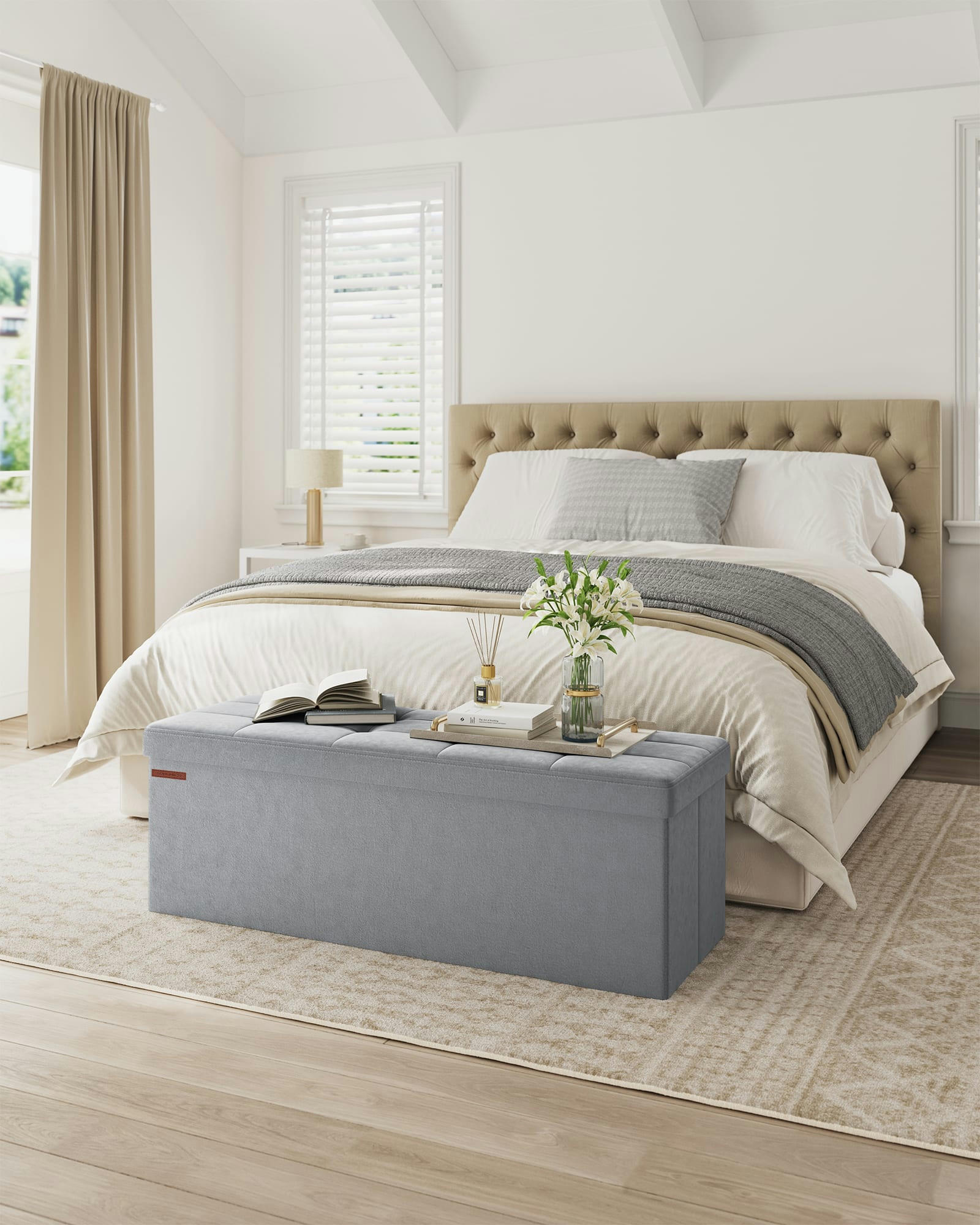 - Banc de rangement mdf velours 38 x 110 x 38 cm gris tourterelle