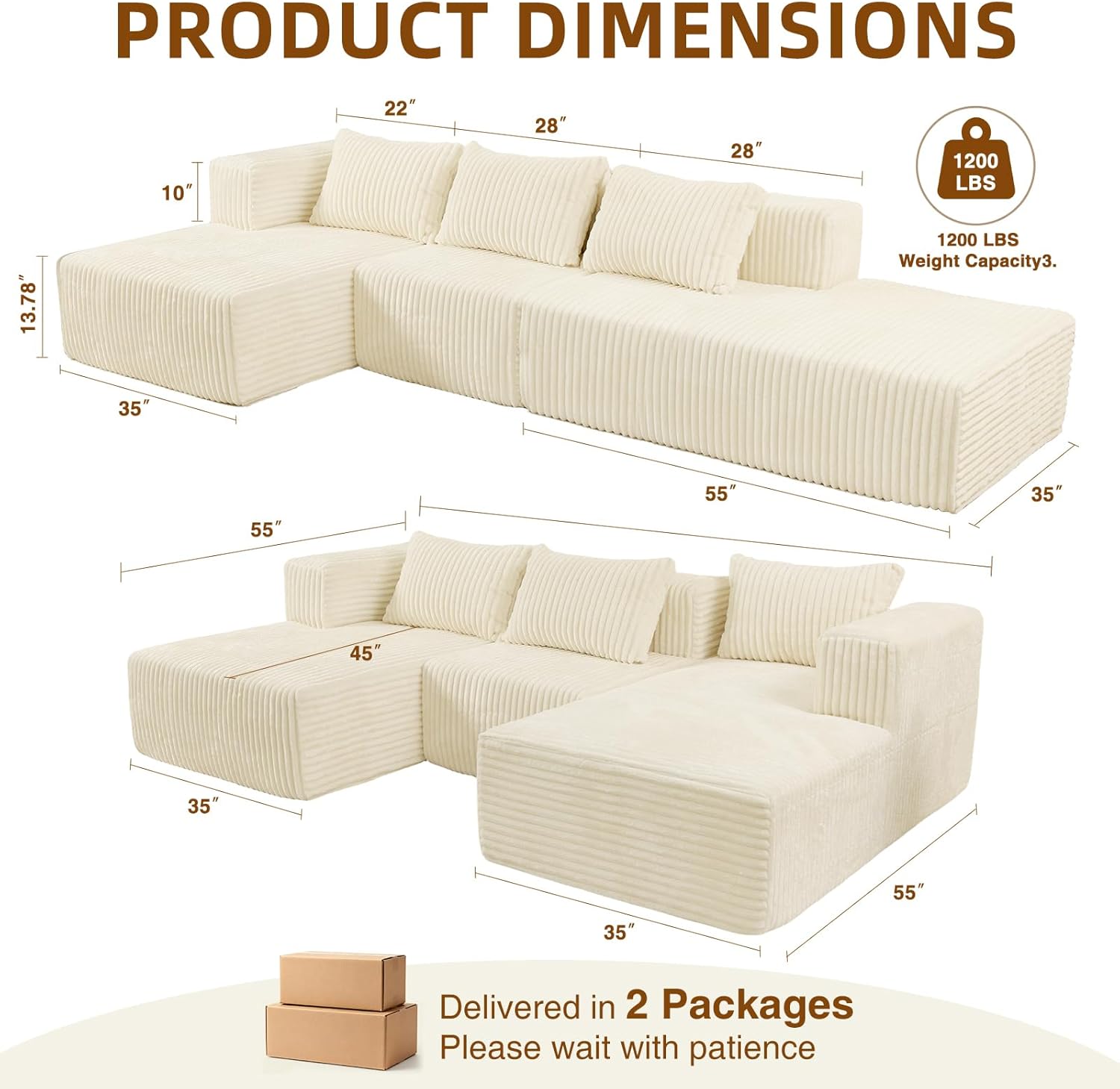 117” Modular Sectional Cloud Couch with L-Shape Chaise Lounge, Boneless Convertible Sofa for Living Room, Corduroy 4-Seater Couch, No Assembly Required, Cream Beige, Left Facing Chase
