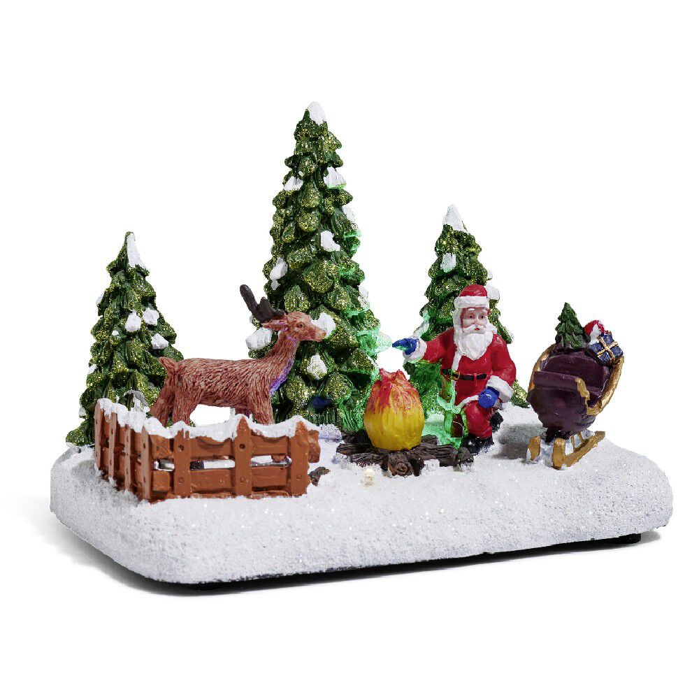 Père No&euml;l et renne lumineux feu de bois sur la neige 4 LED en résine
