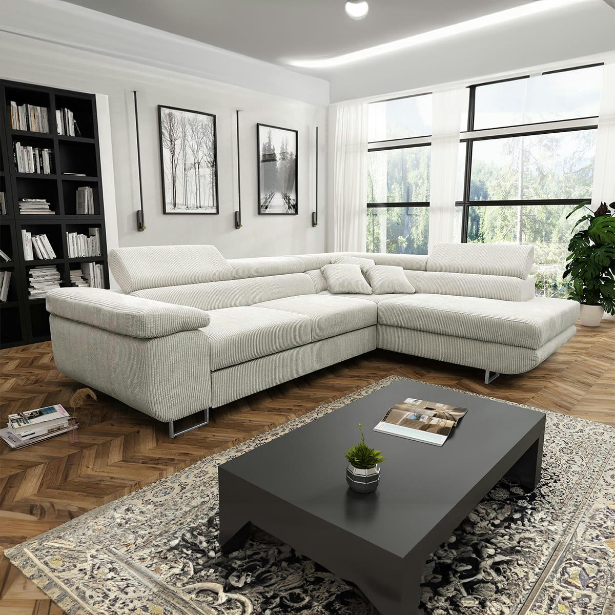 - Canapé d'angle convertible droit 4 places coffre velours côtelé blanc