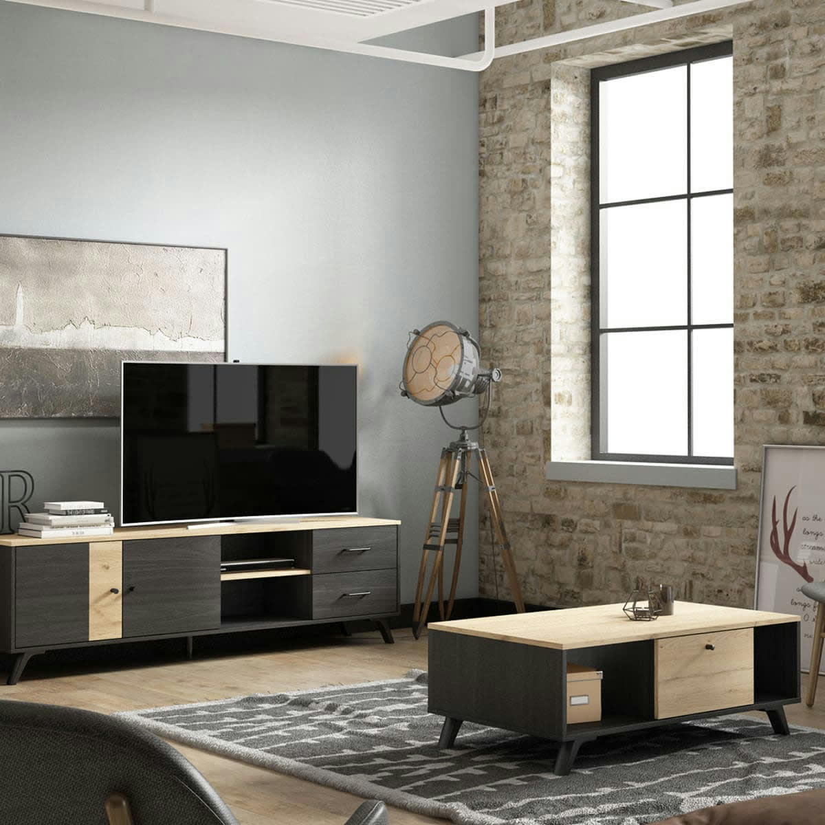 ZACK - Meuble TV 2 portes 2 tiroirs effet bois noir et bois naturel 180 cm