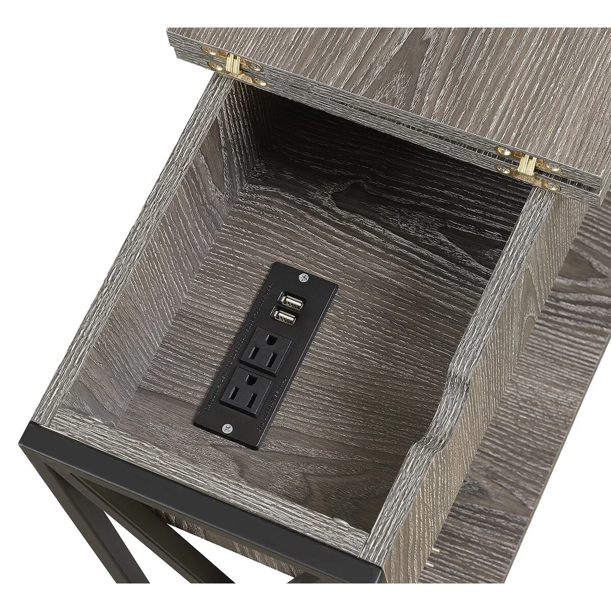 Tucson Flip Top End Table with Charging Station and Shelf, Weathered Gray/Black