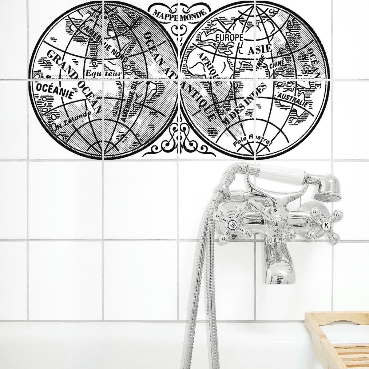 MAPPEMONDE - Set 8 stickers pour carrelage noirs et transparents
