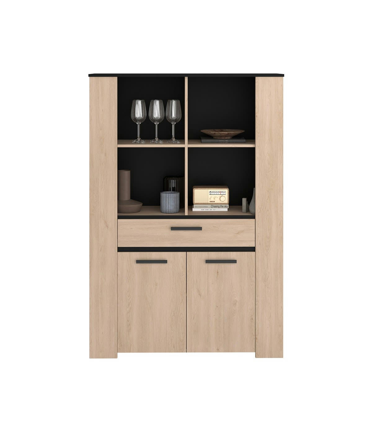 HELMA - Buffet haut 1 tiroir et 2 portes effet bois - L110 x H160 cm